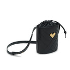 Black quilted leather crossbody bucket bag with gold-tone logo, chevron stitching and leather drawstring detail.