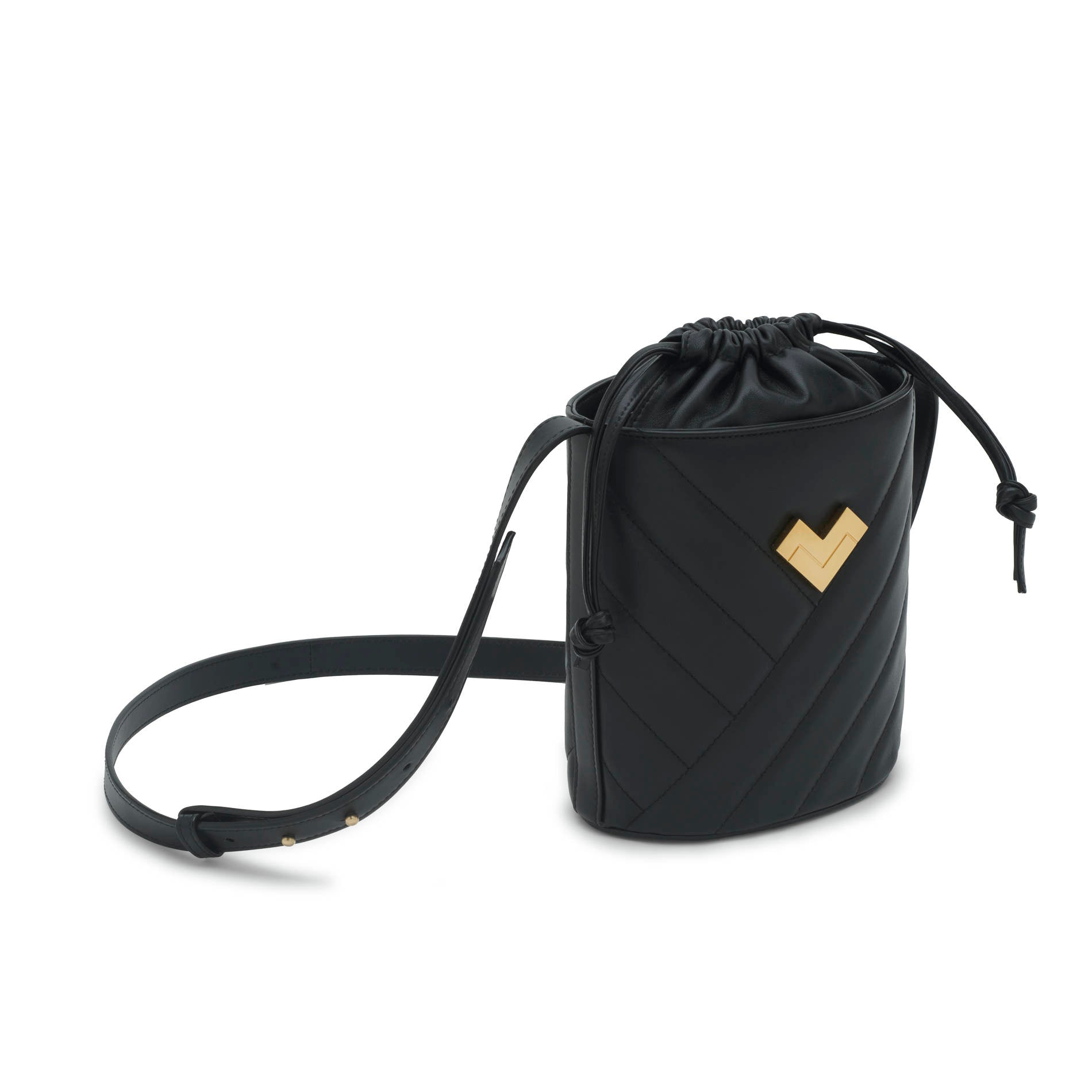 Black quilted leather crossbody bucket bag with gold-tone logo, chevron stitching and leather drawstring detail.