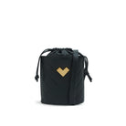 Black quilted leather crossbody bucket bag with adjustable crossbody strap, gold logo and leather drawstring closure. Made in Italy