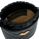 Black calf leather crossbody bucket bag interior with drawstring closure, logo lining and card slots. Made in Italy