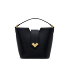 Mario Valentino black calfskin bucket bag with mono top handle and gold-tone MV-logo, front view