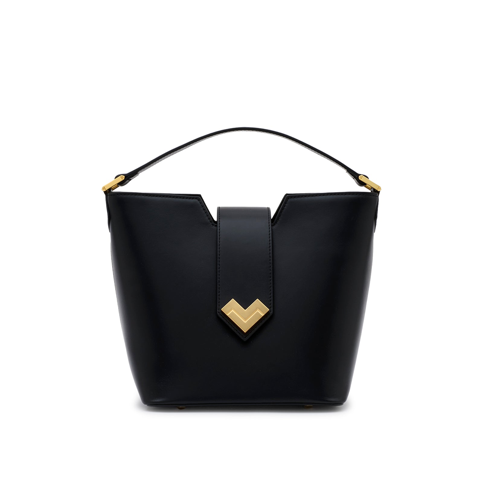 Mario Valentino black calfskin bucket bag with mono top handle and gold-tone MV-logo, front view