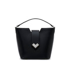 Mario Valentino black calfskin bucket bag with mono top handle and silver-tone MV-logo, front view