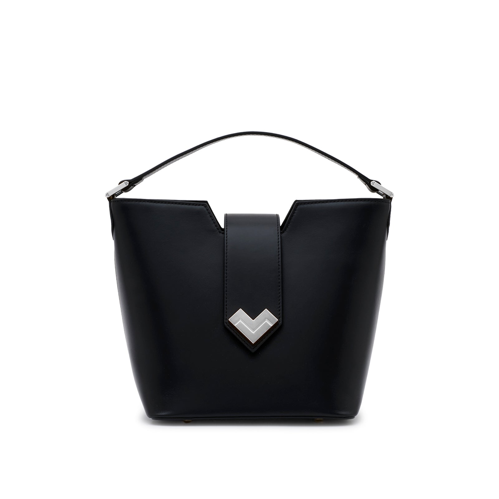 Mario Valentino black calfskin bucket bag with mono top handle and silver-tone MV-logo, front view