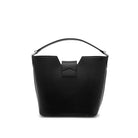 Rear view of the Mario Valentino black leather bucket bag showing clean stitching and minimalist Italian design