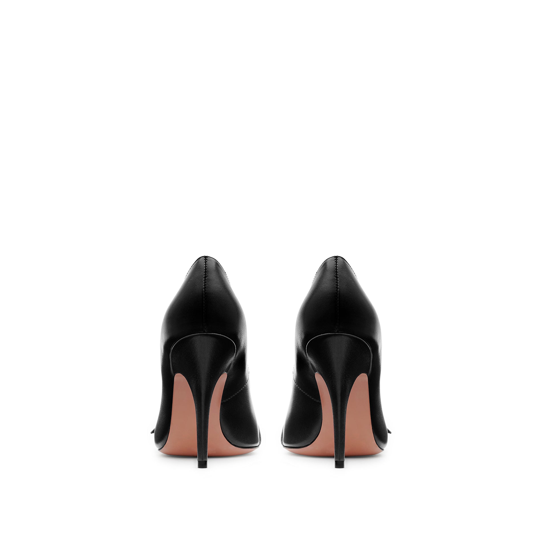 Back view of burgundy calfskin pumps with 95 mm stiletto heel and elegant slim silhouette