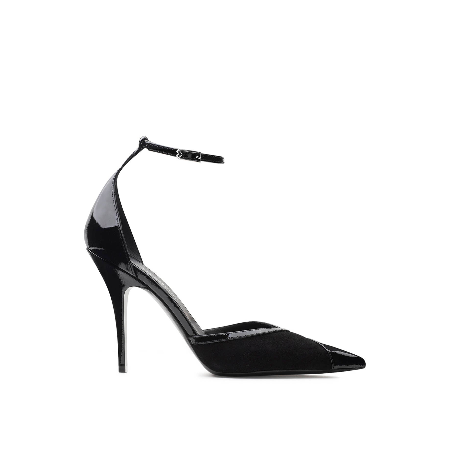 Black patent leather and suede pumps with pointed toe and 95 mm stiletto heel by Mario Valentino