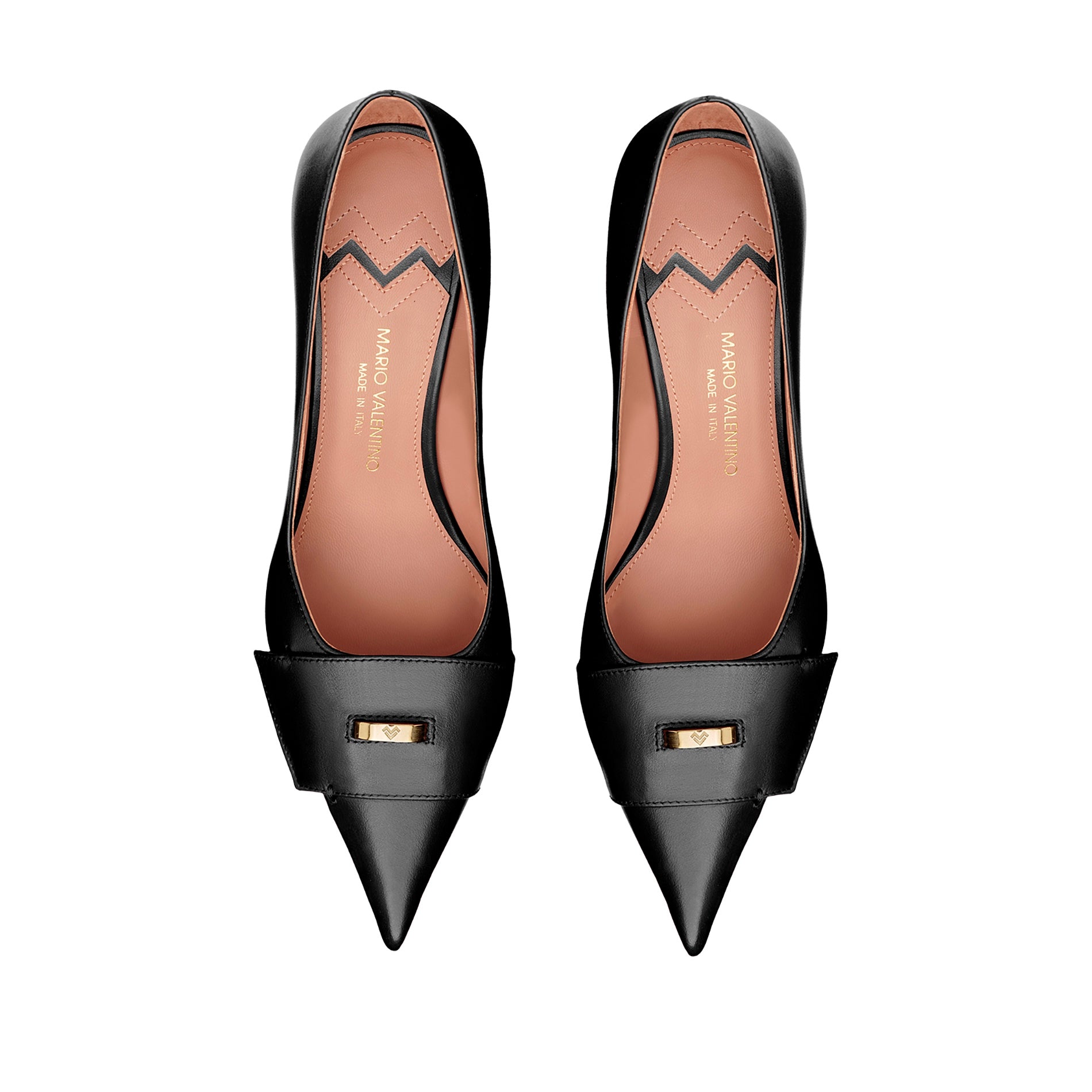 Top view of burgundy pointed toe leather pumps with gold logo detail and refined design