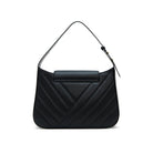 Black quilted leather shoulder bag with clean back and adjustable handle, back view. Made in Italy