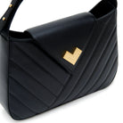 Black quilted leather shoulder bag with gold logo and chevron detail. Made in Italy