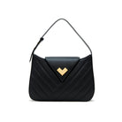 Black quilted leather shoulder bag with gold logo and flap closure. Made in Italy