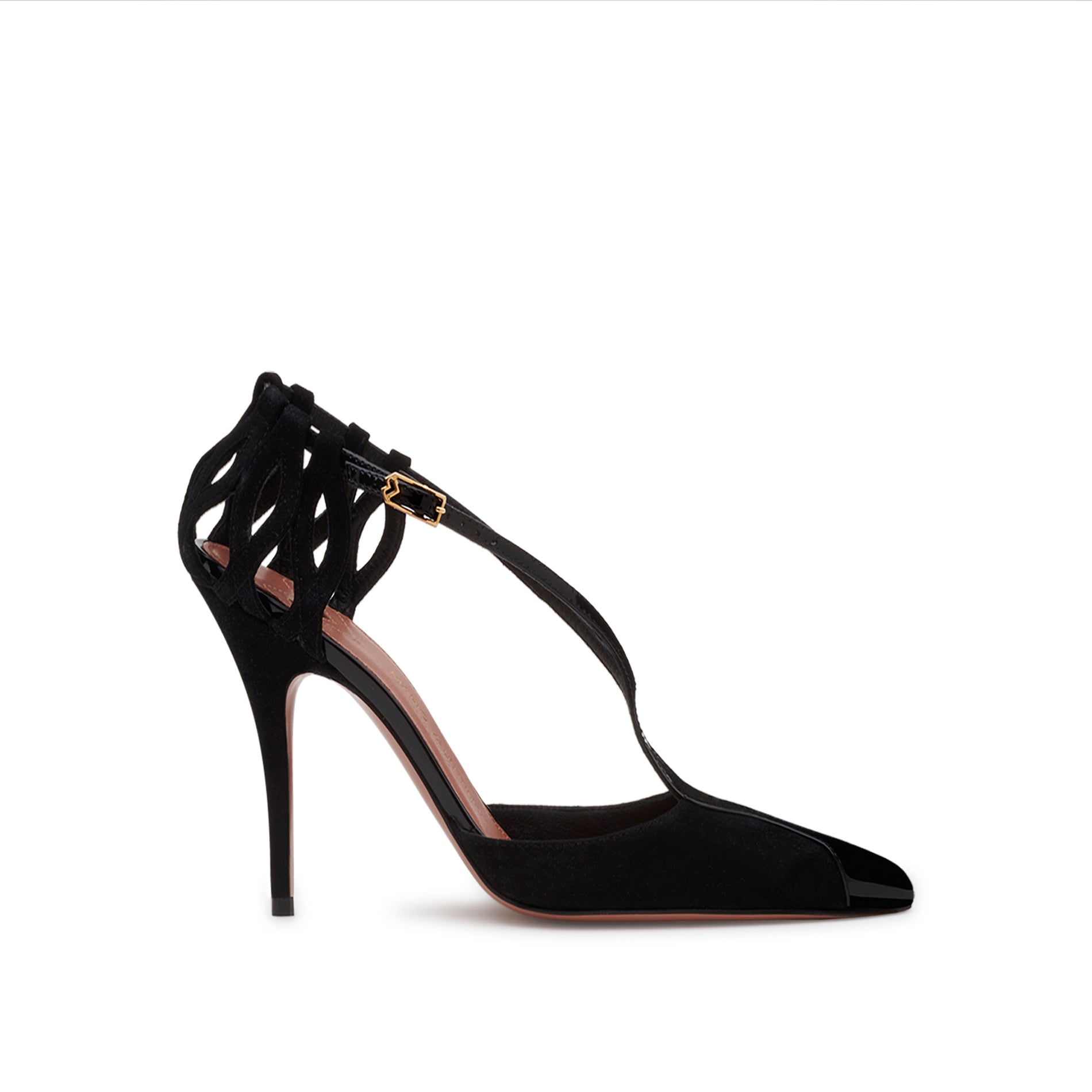 Black leather and suede pumps with pointed toe and 95 mm stiletto heel, woven ankle detail by Mario Valentino