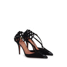 Pair of black calfskin and suede pumps with basket weave ankle design and high stiletto heel Made in Italy