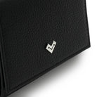 Detail of Mario Valentino black grained calfskin leather wallet with metal MV logo and textured finish.