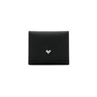 Mario Valentino black grained leather compact wallet with flap and snap button closure, metal MV logo and structured design. Made in Italy.