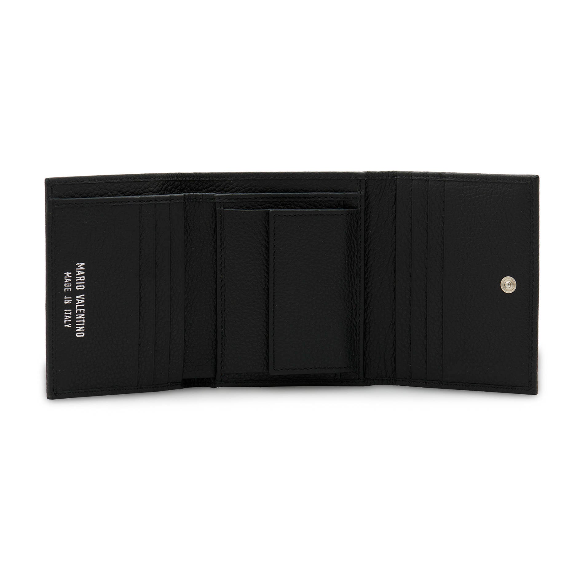 Mario Valentino black leather wallet interior with six card slots, banknote compartment, coin pocket with button and inner pockets.
