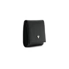 Mario Valentino black leather compact wallet side view, slim profile in grained calfskin with flap closure and refined stitching.