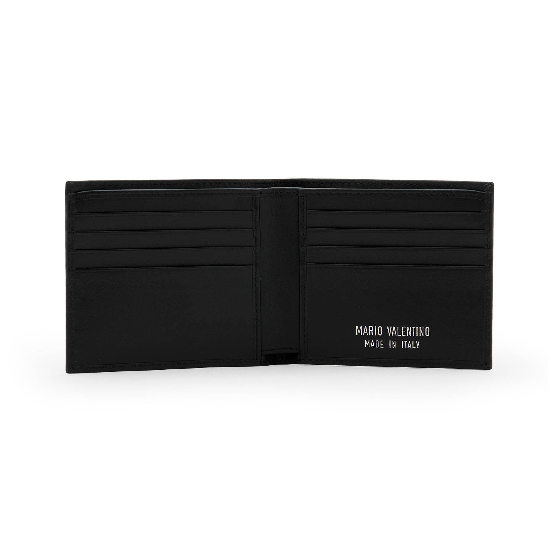 Mario Valentino black leather wallet interior with eight card slots, banknote compartment and inner pockets.