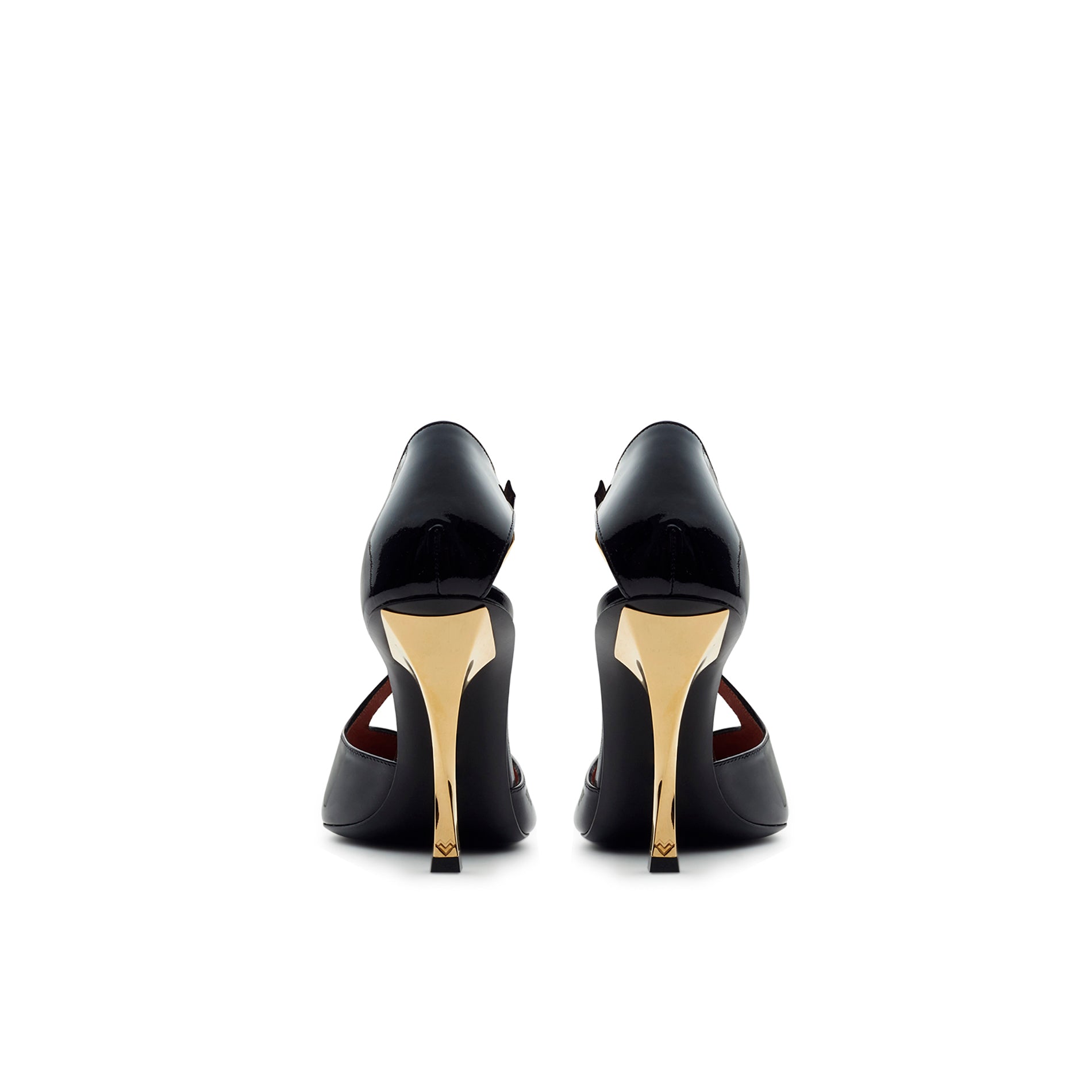 Back view of black patent leather slingback pumps with gold torchon heel and elegant silhouette