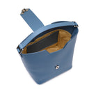 Mario Valentino blue calfskin bucket bag interior logoed nylon lining inner pocket magnetic closure