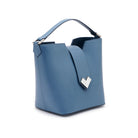 Mario Valentino blue calfskin bucket bag worn handheld modern minimal styling