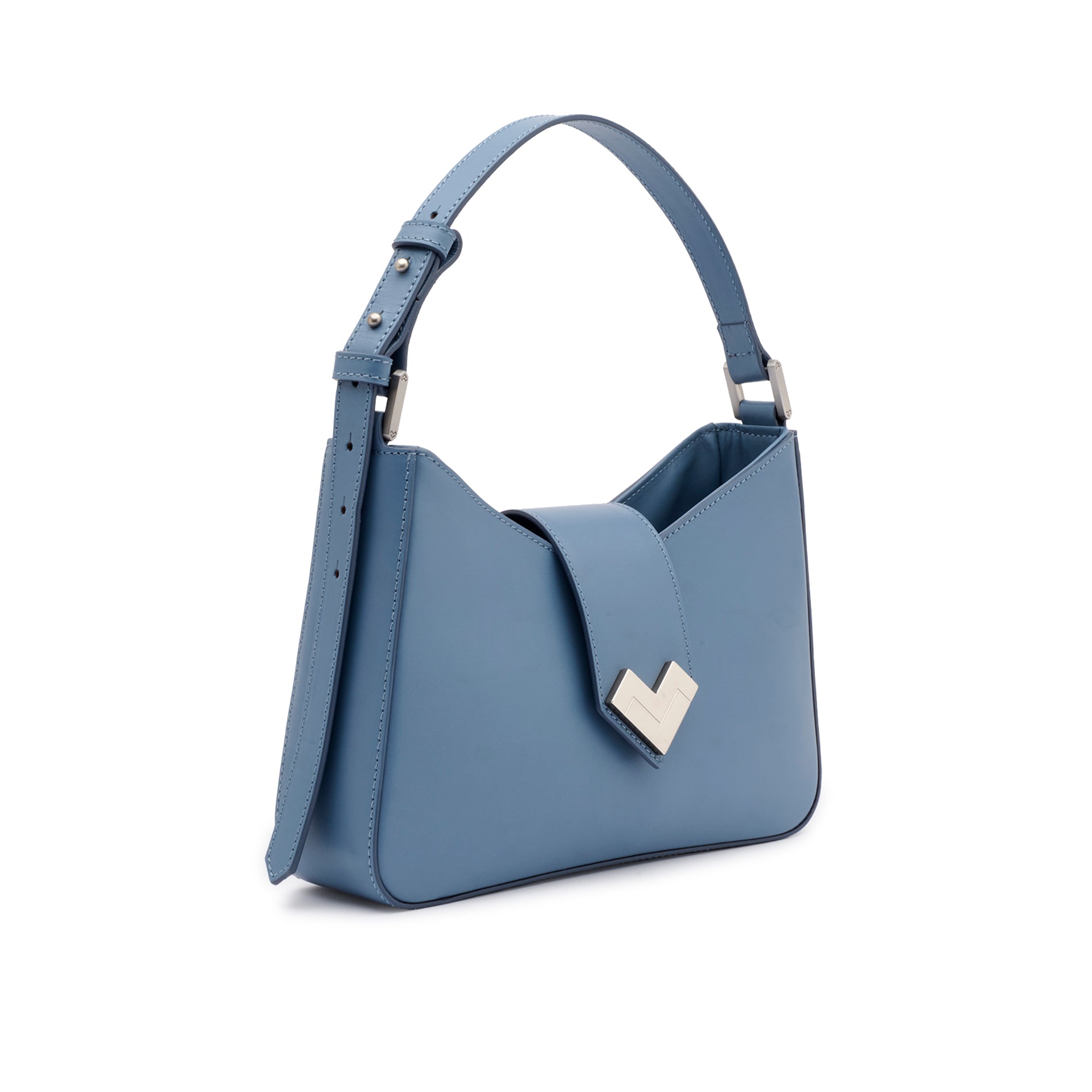 Mario Valentino sky blue calfskin shoulder bag featuring a structured silhouette, signature silver-tone V-logo magnetic closure, and adjustable leather strap, front view