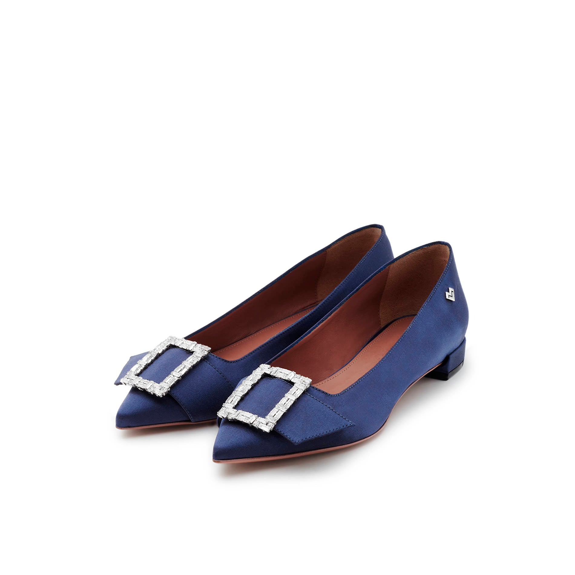 Pair of blue satin flats with pointed toe and crystal buckle detail Made in Italy