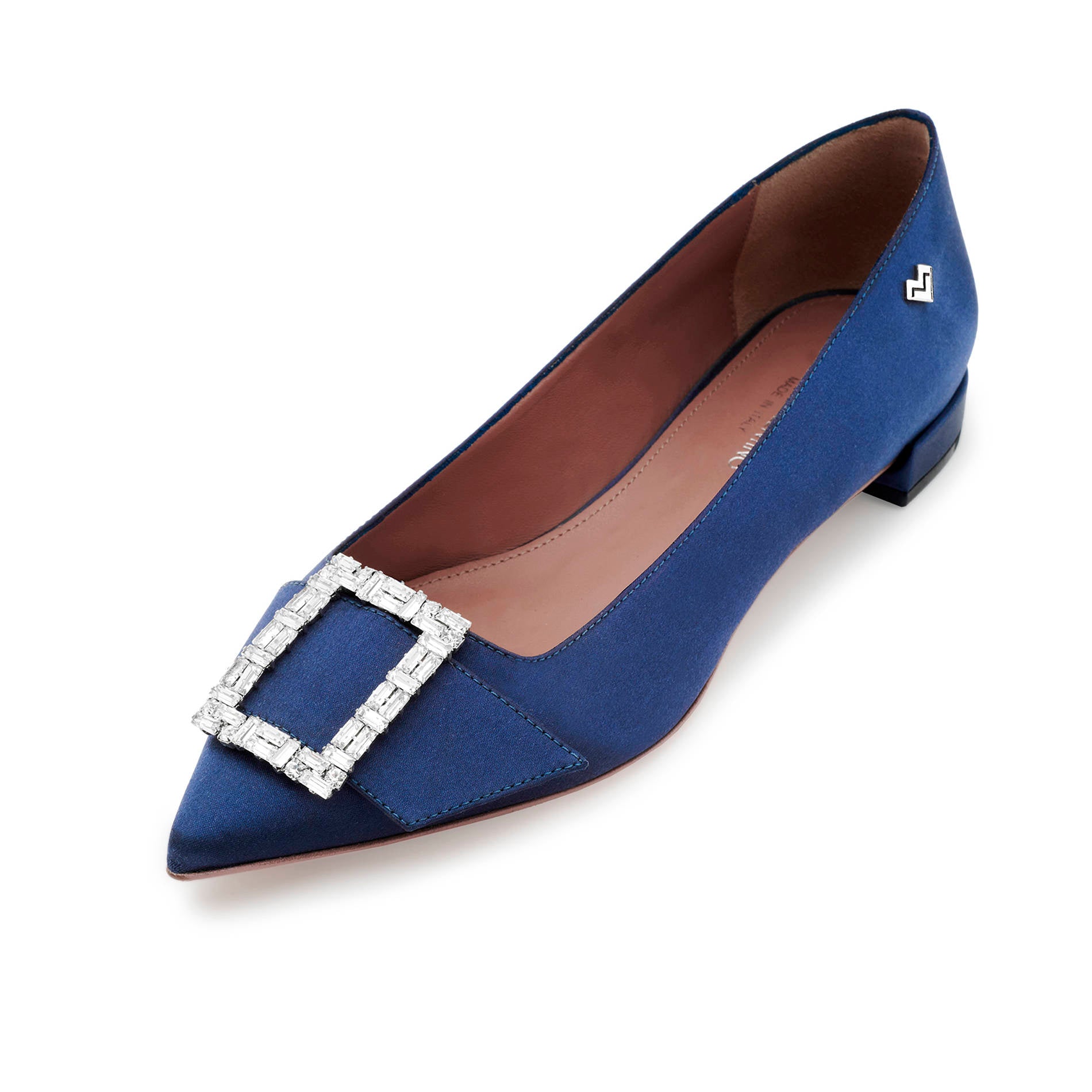 Detail of pointed toe lime satin flats with crystal buckle embellishment