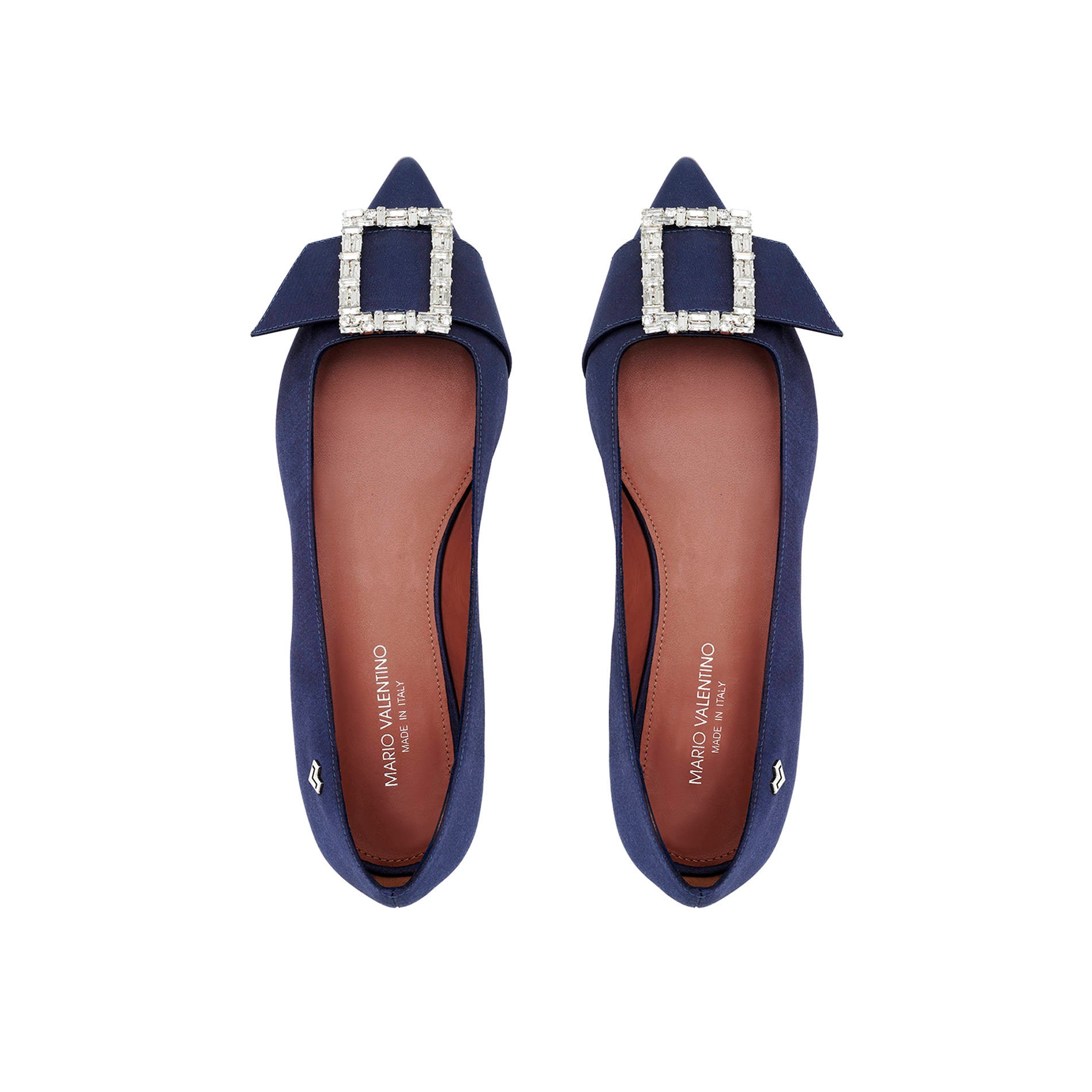 Top view of lime satin pointed toe flats with jewel buckle detail