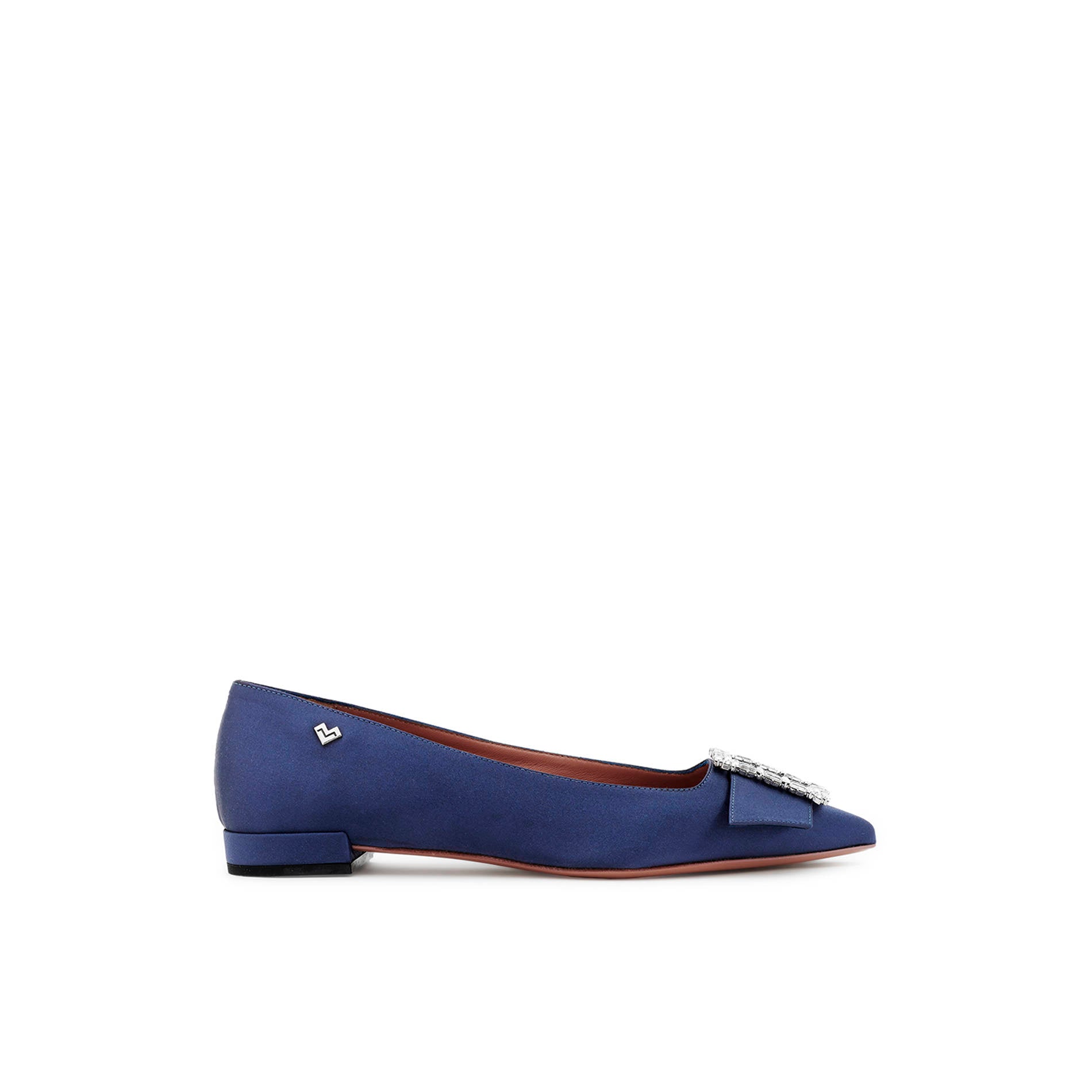 Blue silk satin pointed toe flats with jewel buckle and low heel by Mario Valentino
