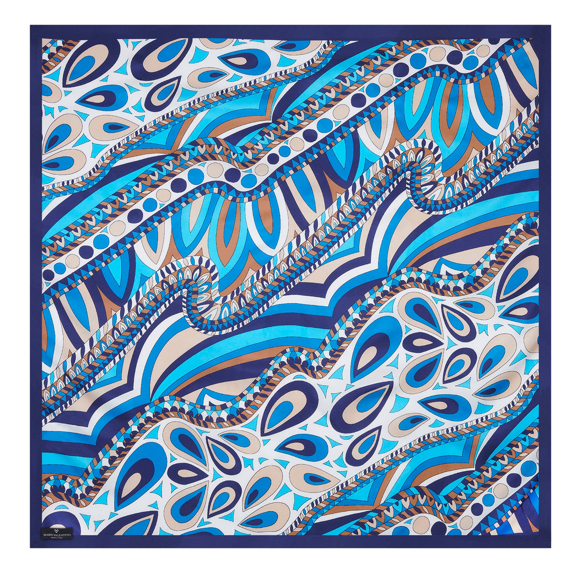 Mario Valentino blue silk foulard with abstract geometric print, logoed fabric label and elegant lightweight design. Made in Italy.