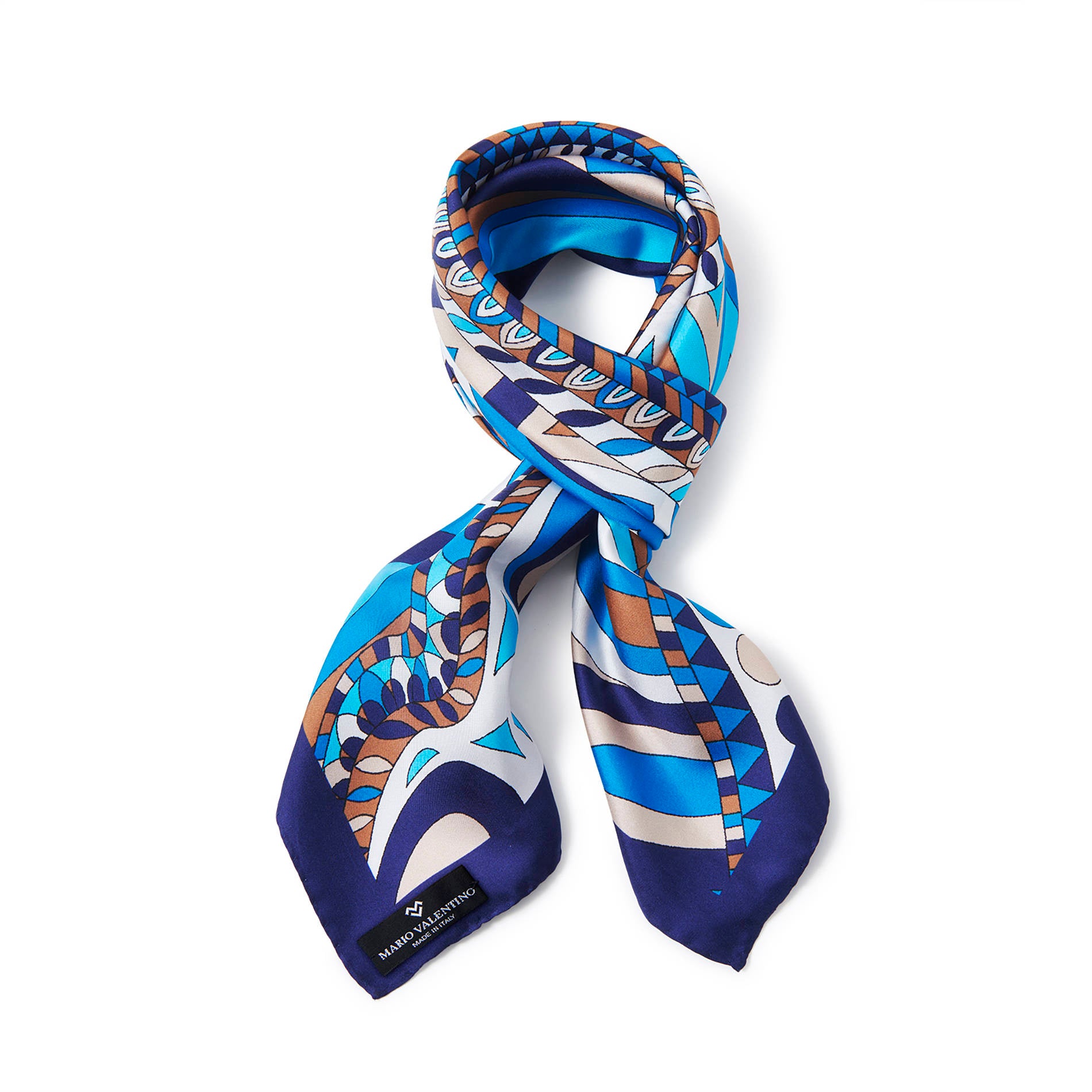 Blue abstract print silk foulard by Mario Valentino in pure silk, square 88x88 scarf with refined contemporary design.