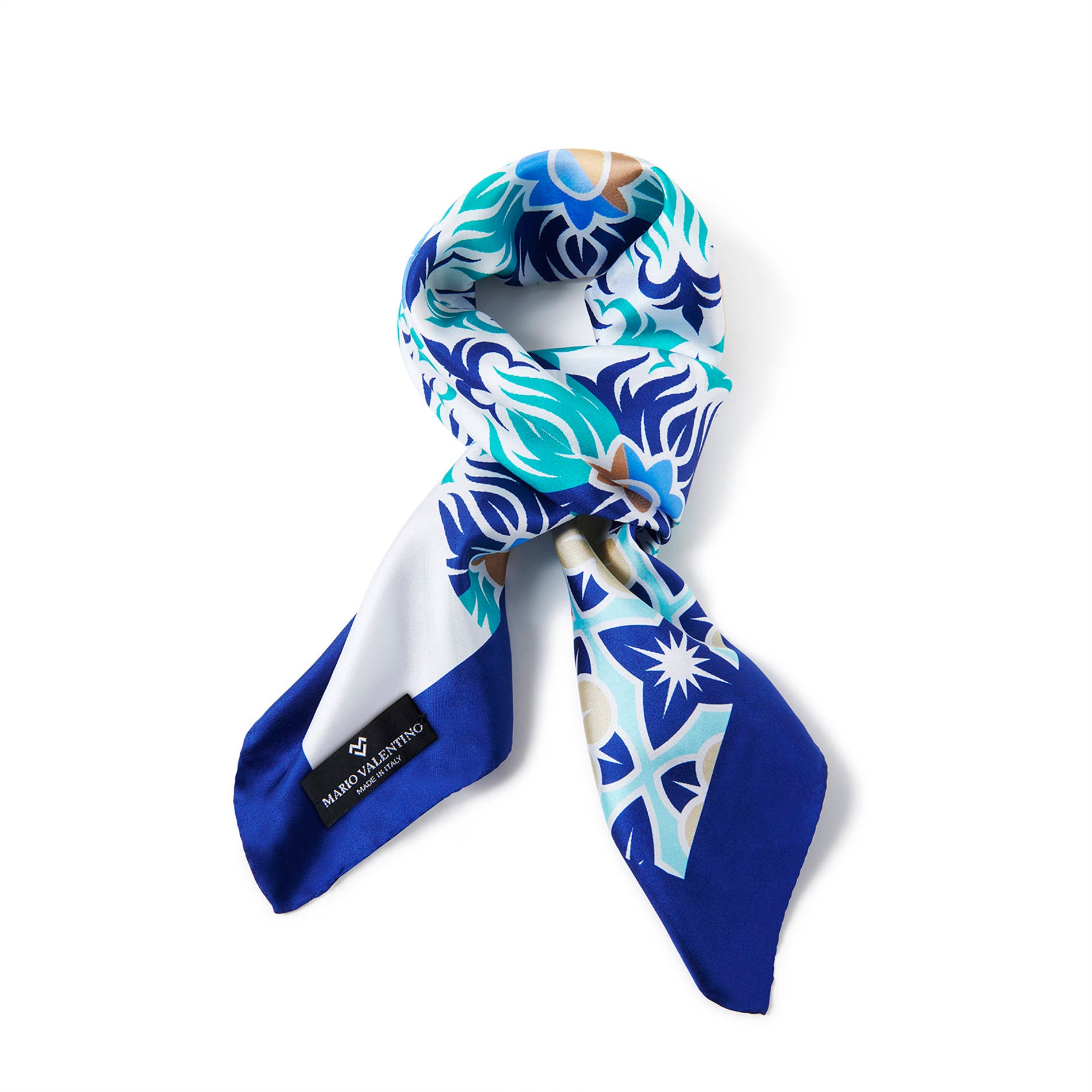 Geometric floral silk scarf by Mario Valentino in blue, turquoise and white tones, lightweight elegant square scarf