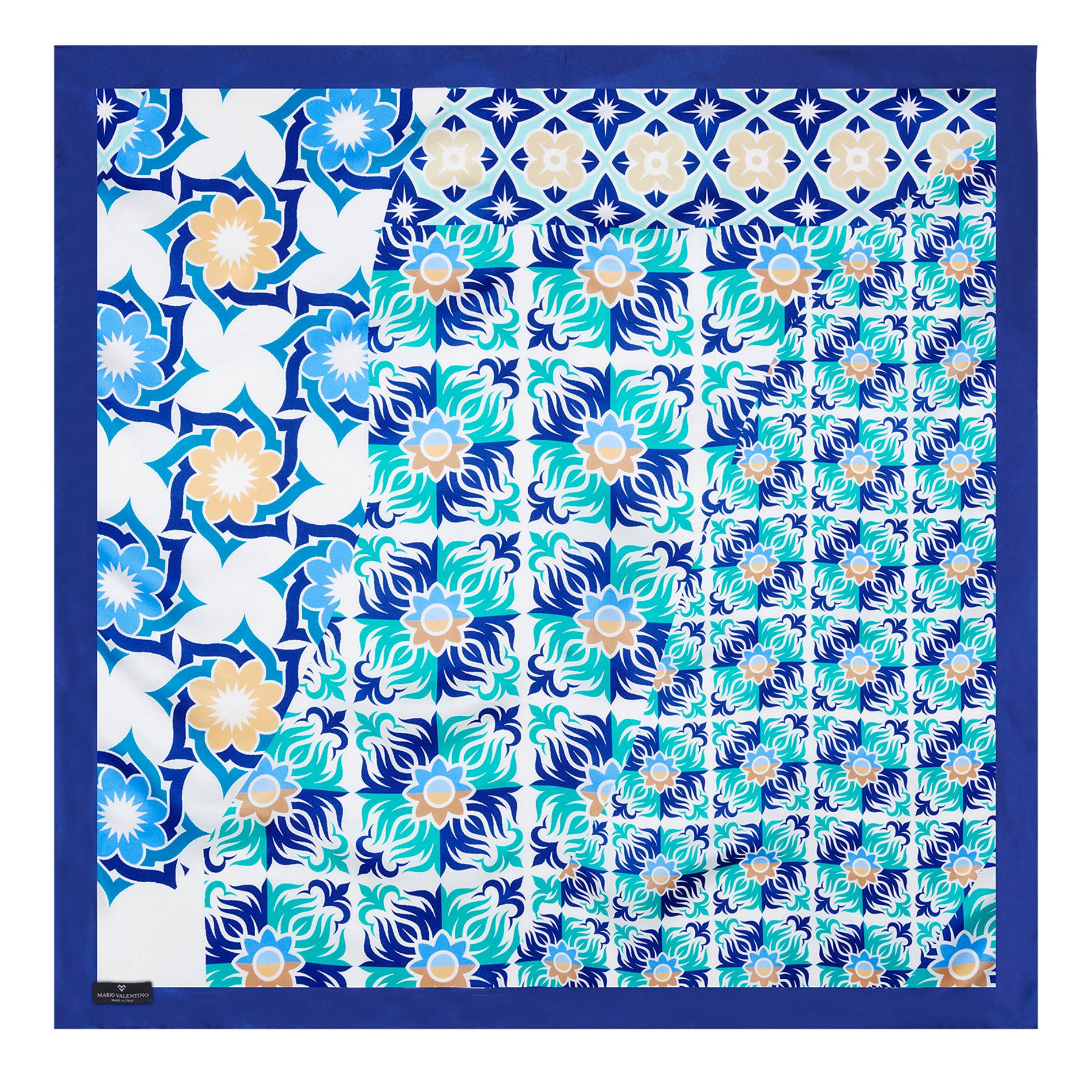 Mario Valentino blue silk scarf with geometric floral motif, square pure silk scarf 88x88 lightweight and smooth made in Italy