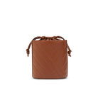 Brown quilted leather crossbody bucket bag with clean back design and adjustable strap, back view