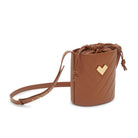 Crossbody bucket bag in brown quilted leather with gold-tone logo and adjustable strap.
