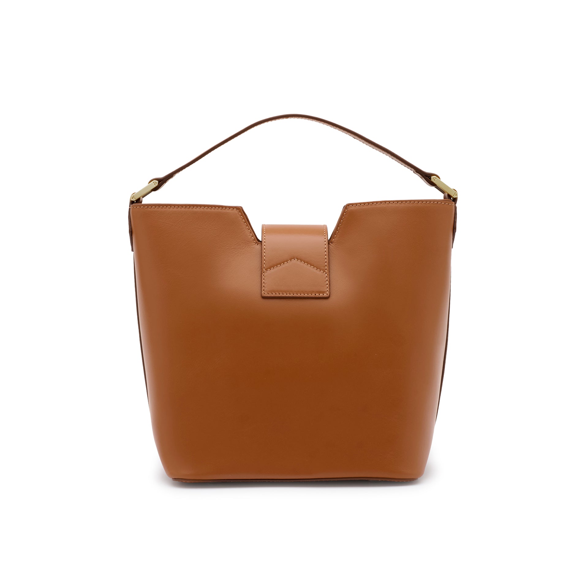 Rear view of the Mario Valentino leather bucket bag showing artisanal stitching