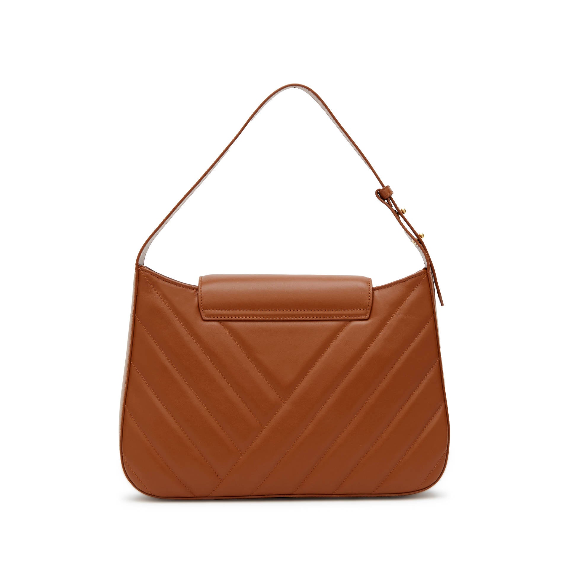 Brown leather shoulder bag with quilted chevron design and adjustable handle. Back view. Made in Italy