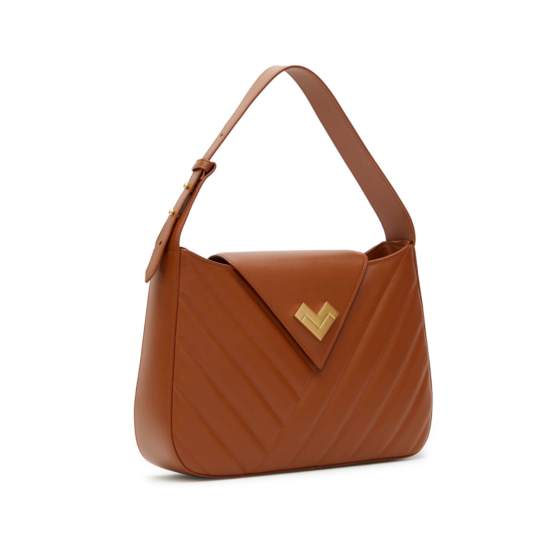 Brown leather everyday shoulder bag with gold logo and flap closure. Made in Italy