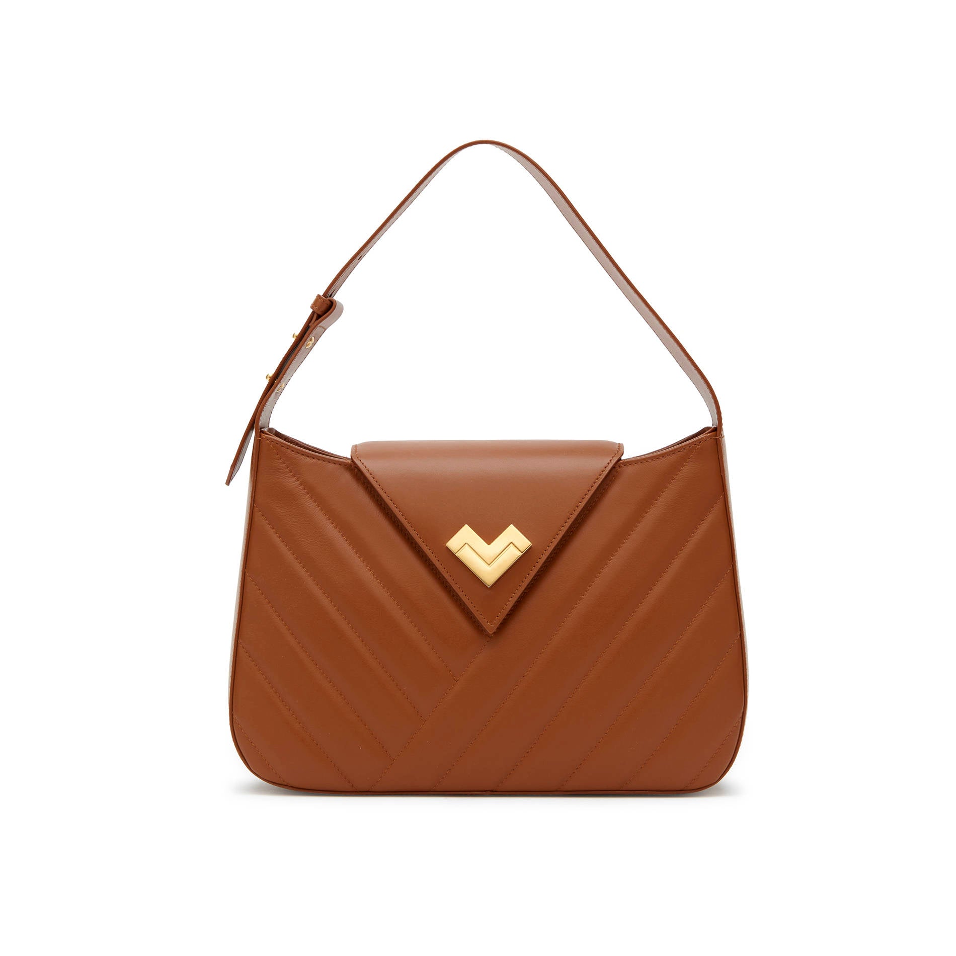Brown leather shoulder bag with gold logo and flap closure, quilted chevron design. Made in Italy