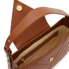 Brown leather shoulder bag interior with zip pocket and logo lining. Made in Italy