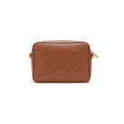 Brown leather crossbody camera bag with clean back design and adjustable strap. Made in Italy
