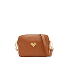 Brown quilted leather crossbody camera bag with gold logo and adjustable strap. Made in Italy