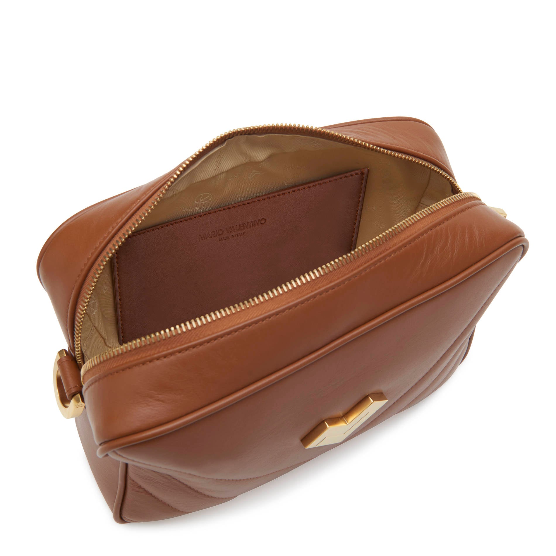 Brown leather crossbody camera bag interior with zip closure and lining, compact design. Made in Italy