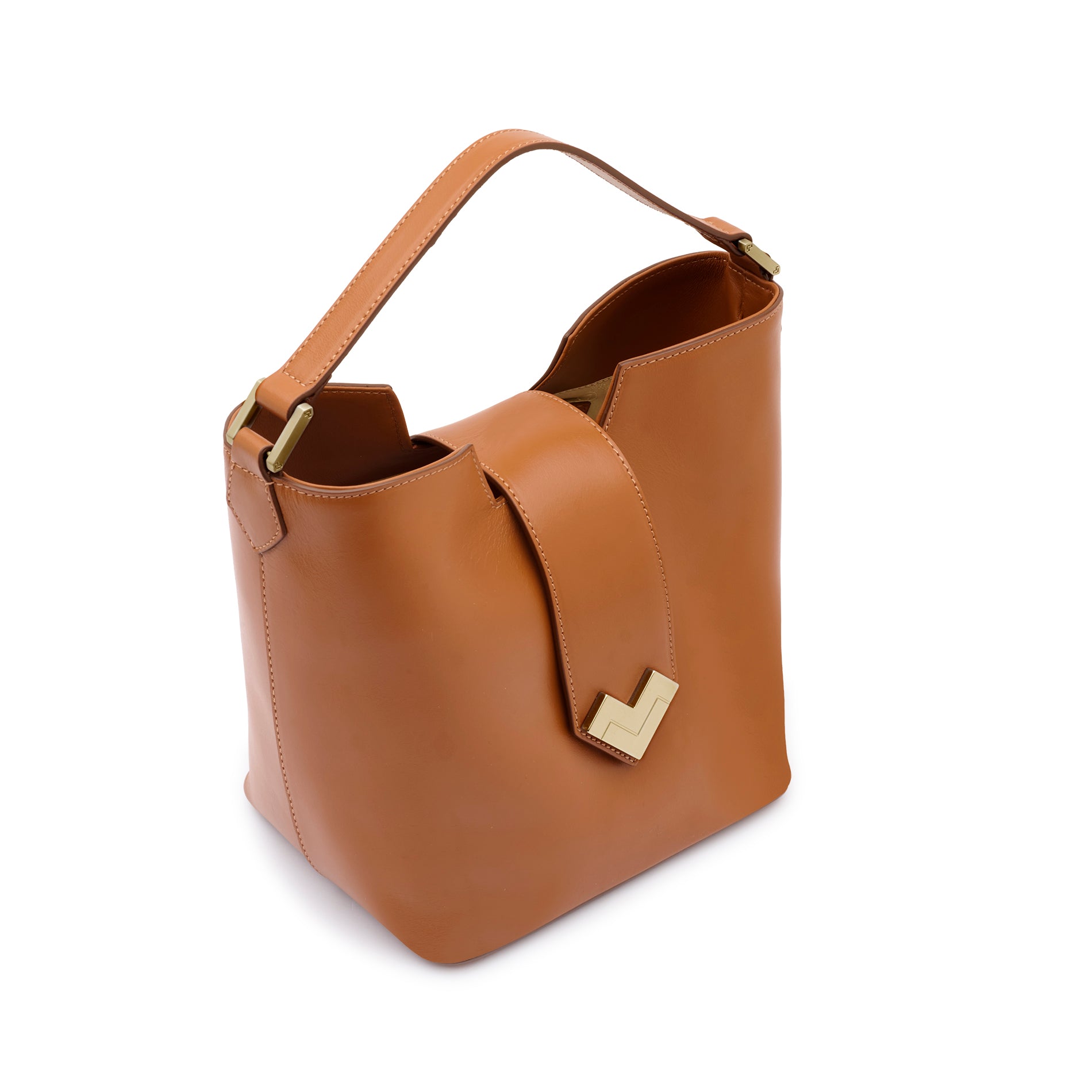 Mario Valentino tan calf leather designer bucket bag with gold-tone MV logo hardware and top handle. Made in Italy.