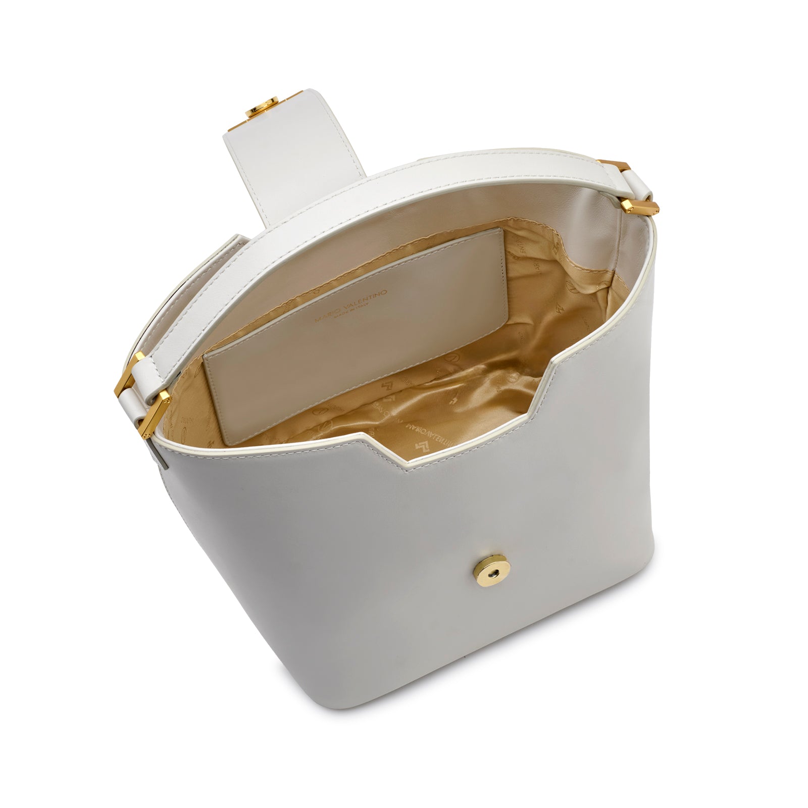 Interior of the Mario Valentino white bucket bag displaying the logoed lining and gold-stamped interior pocket