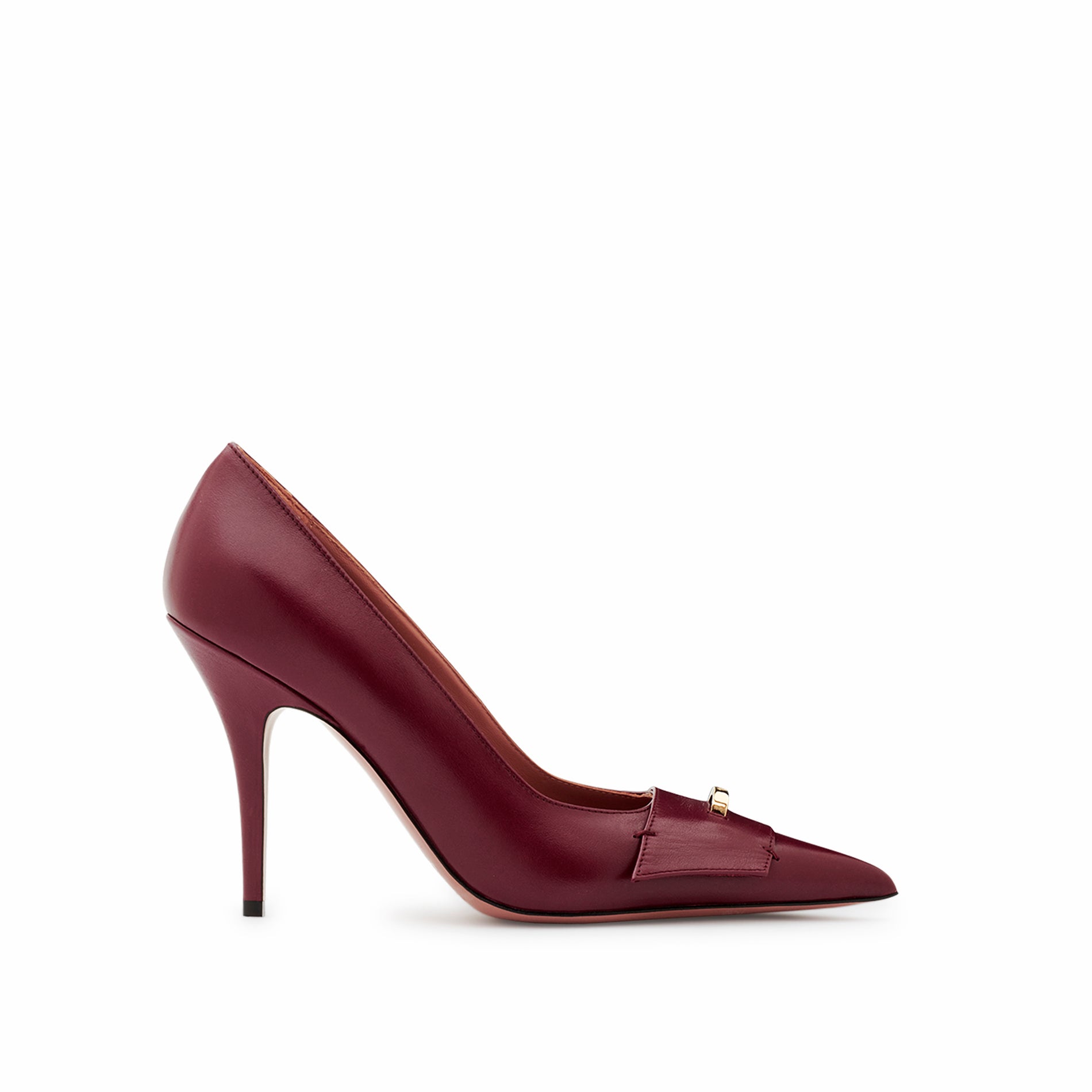 Burgundy calfskin pointed toe pumps with 95 mm stiletto heel and gold logo detail by Mario Valentino