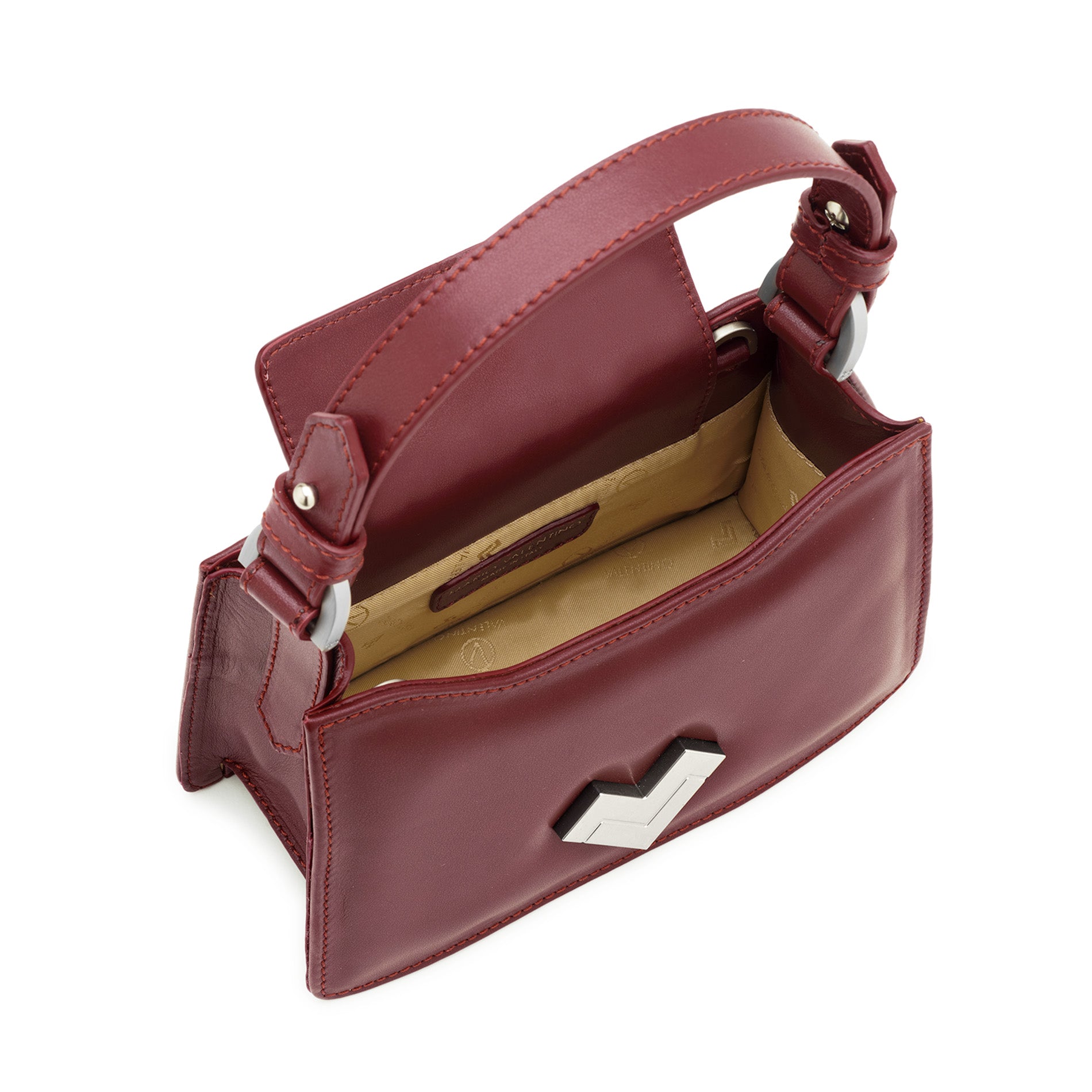 Compact Mario Valentino leather handbag with curved lines and refined silver-tone details.