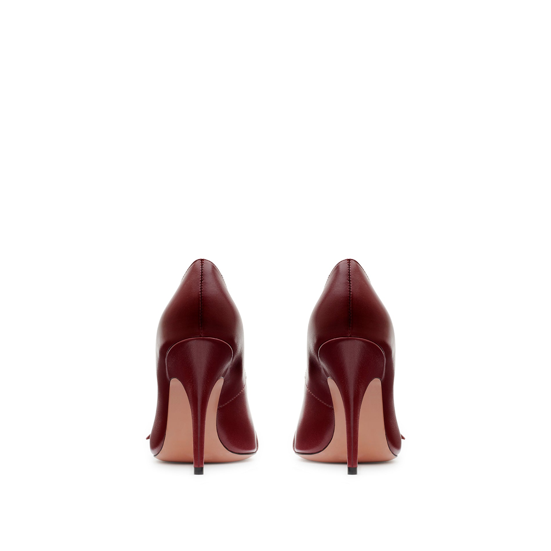 Back view of burgundy calfskin pumps with 95 mm stiletto heel and elegant slim silhouette