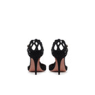 Back view of black leather pumps with woven ankle strap and 95 mm stiletto heel by Mario Valentino